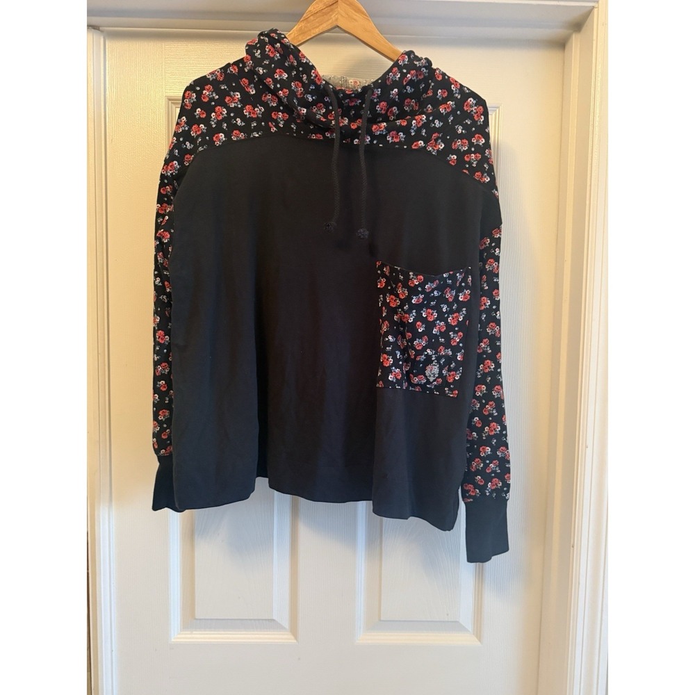 FP Movement Hoodie Womens XS Black Floral Print Contrast Sleeve Pullover